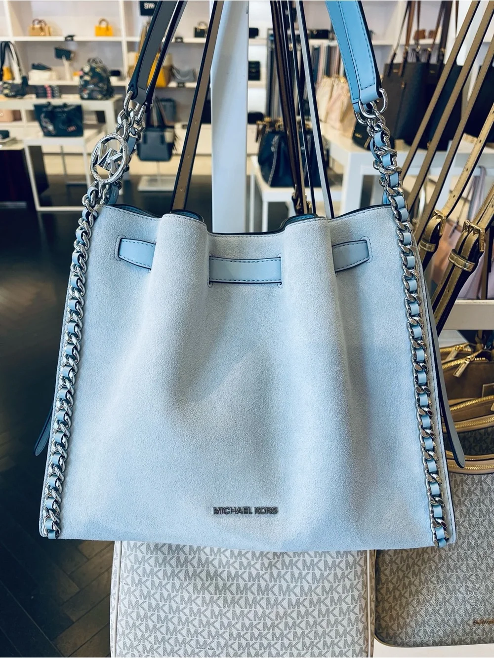 Michael Kors Mina Large Suede Chain Shoulder Bag Pale Ocean Blue Leather NWT - Picture 14 of 16